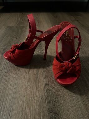 Yves Saint Laurent Red Knotted Platform Slingback Heels